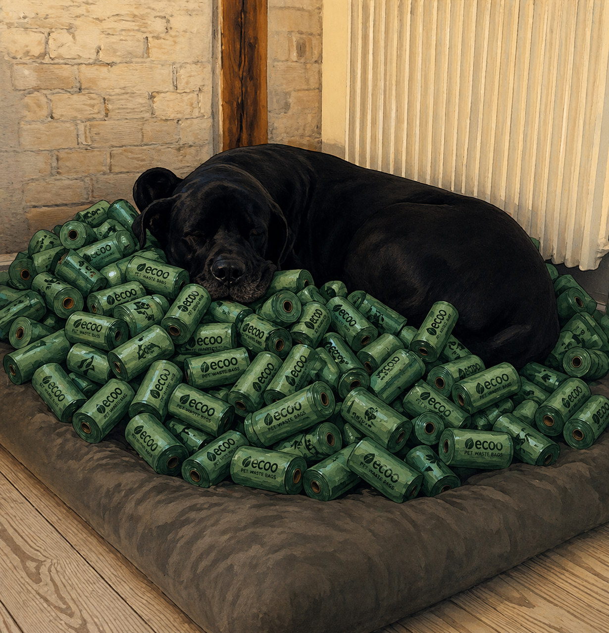 Odin the Great Dane asleep on a pile of eco poop bag rolls