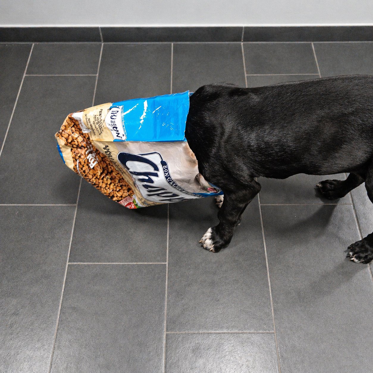 Odin the Great Dane with his head inside a large bag of kibble