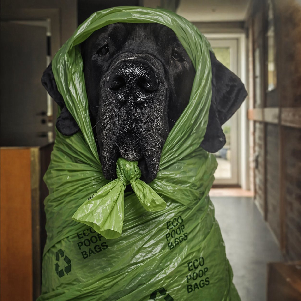 Odin the Great Dane wrapped in eco poop bags