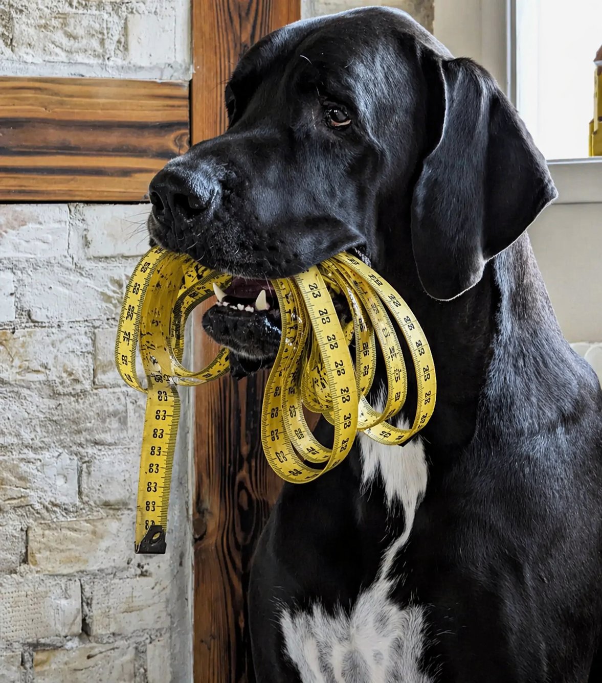 Odin the Great Dane holding a tape measure in his mouth
